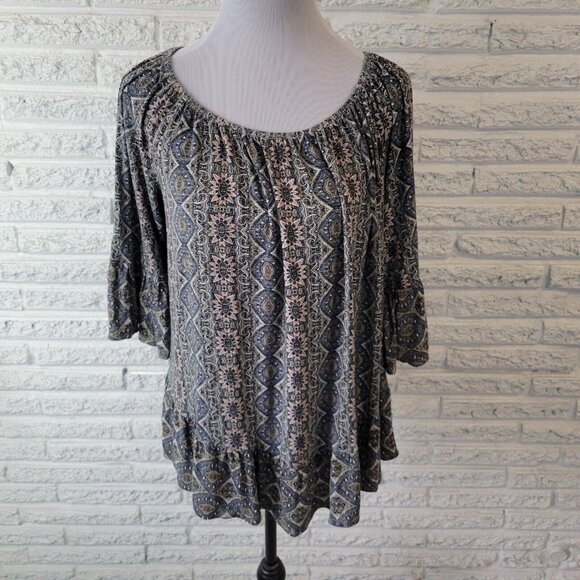 Style Co Womens Top 0X 3/4 Bell Sleeve On Off Shoulder Green Pink GEO29E - Picture 1 of 10